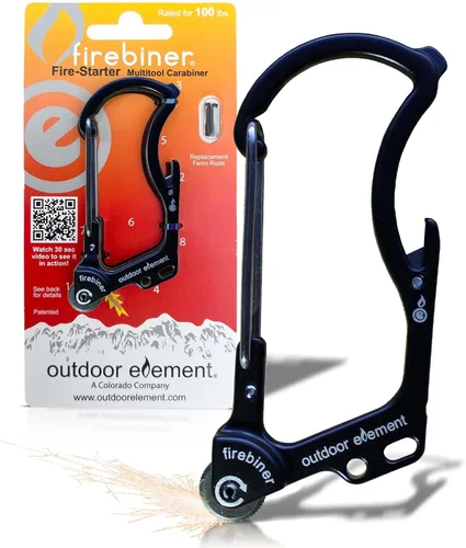 Miniatura 12 de OUTDOOR ELEMENT Firebiner 6-en-1 - Mosquetón Iniciador de Fuego EDC Multiherramienta de Emergencia - Llavero, Cuchilla Utilitaria, Abrebotellas y Más