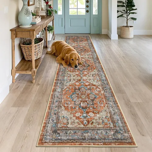 Miniatura 3 de Bsmathom Alfombra de pasillo para pasillos, antideslizante, lavable, estilo bohemio, 2 x 8 pies, alfombras de pelo bajo, alfombras vintage para Rojo