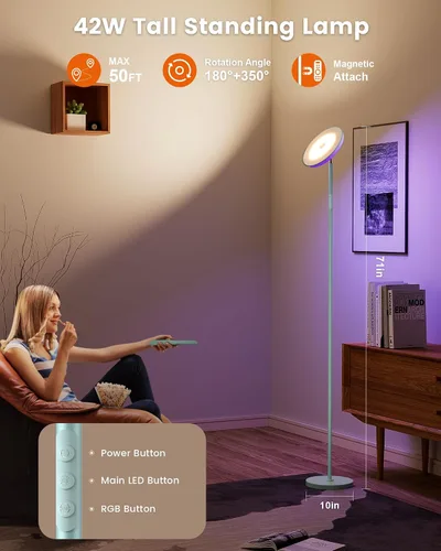 Miniatura 3 de Lámpara de pie brillante para sala de estar, luces LED de habitación de 42 W con control remoto, 3700 lm RGBW moderna luz de pie alta