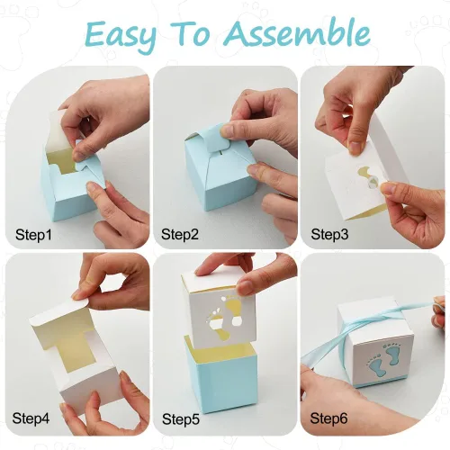 Miniatura 3 de BEISHIDA Cajas de regalo para baby shower, cajas de dulces con huellas azules con cintas para fiesta de revelación de género de bebés y niños