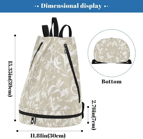 Miniatura 3 de KLL Beige White Elegant Floral Swirls Drawstring soccer bags beach Swimming bag for gym with Wet Dry Compartments bolso para laptop mujer