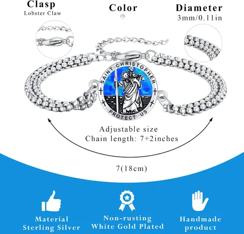 Miniatura 23 de Pulsera unisex de San Miguel/Cristóbal/Benedicto/Jude/José/Guadalupe/Ángel de la Guarda/Santa Muerte Pulsera de plata de ley 925 con cadena de doble