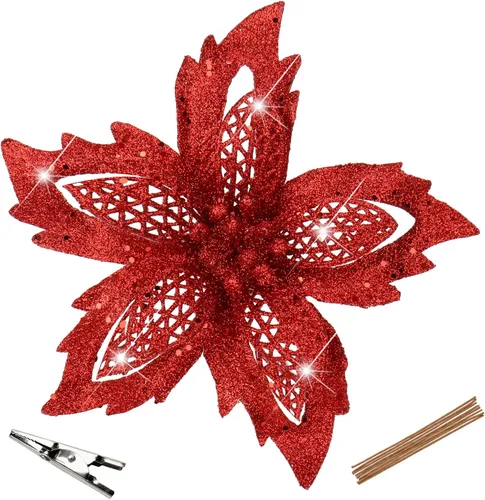 Briful Flores de Pascua de Navidad de 7.5 pulgadas, 10 unidades, flores artificiales con purpurina roja, flores grandes para decoración de árbol de