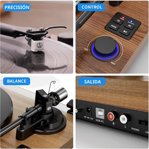 Miniatura 9 de Sistema de tocadiscos Bluetooth HiFi con altavoces de estantería de 36 vatios, reproductor de discos de vinilo con diseño patentado con cartucho