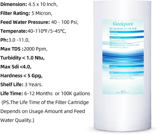 Miniatura 3 de Geekpure Sistema de filtración de agua para toda la casa con carcasa de 10 pulgadas, puerto de 1 pulgada y filtro de sedimentos PP de 4.5 x 10