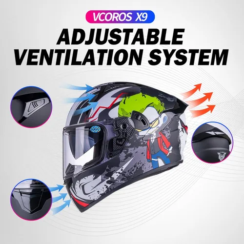 Miniatura 8 de VCOROS Casco integral de doble visera para motocicleta para adultos, Casco de moto de calle y carrera X9 aprobado por DOT con visera negra
