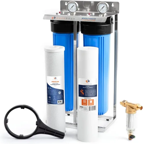 Sistema de filtro de agua de 2 etapas de 20 x 4.5 pulgadas, viene con filtros de sedimentos y carbono | Prefiltro, llave, calibre y liberación,