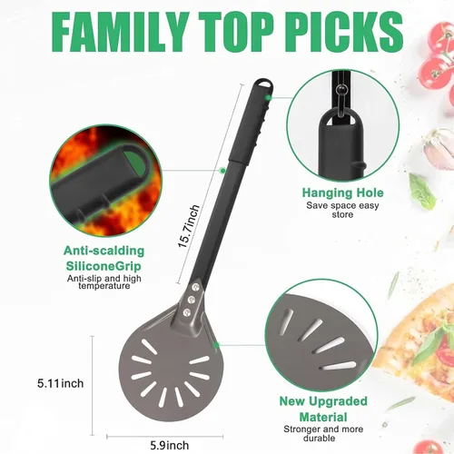 Miniatura 4 de Pala de torneado de pizza de 6 pulgadas redonda de aluminio perforada con mango de metal, paleta de pizza para accesorios de horno de pizza casera