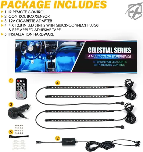Miniatura 7 de Xprite Tiras de luz LED RGB con Bluetooth para interior de auto con control remoto caja de control sellado de silicona para espacio para pies debajo