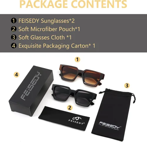Miniatura 107 de FEISEDY Gafas de sol cuadradas retro de los años 90 para mujeres y hombres, gafas de sol rectangulares gruesas de moda con protección UV400 B2385