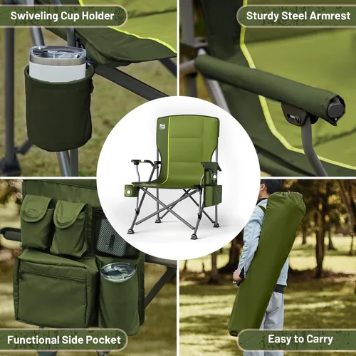 Miniatura 8 de TIMBER RIDGE Silla de camping plegable de gran tamaño, respaldo alto, resistente para adultos, soporta hasta 500 libras con soporte para tazas, Verde