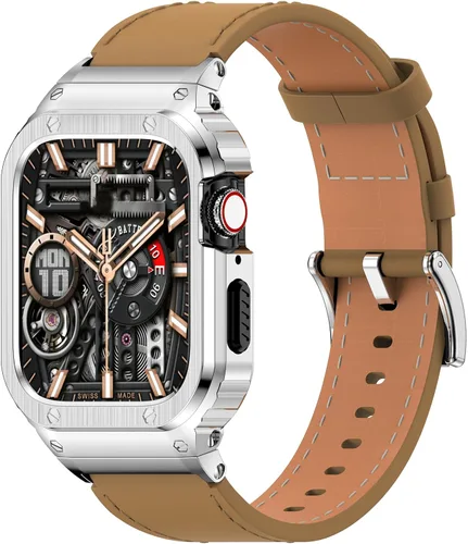 Miniatura 13 de SUPLINK Correa de cuero con funda de acero inoxidable para Apple Watch Ultra 3/2/1 y SE 3/2/1 y Series 11 10 9 8 7 6 5 4 3 2 1 1.929 in 1.811 in