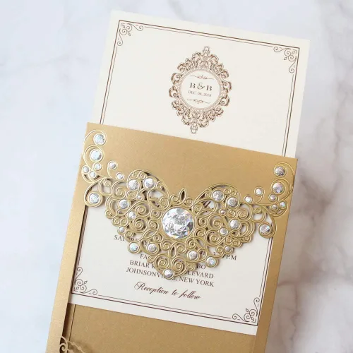 25 invitaciones de boda personalizadas con corte láser con sobre dorado mejoradas de 5 x 7 pulgadas, tarjetas de invitación para bodas, despedidas