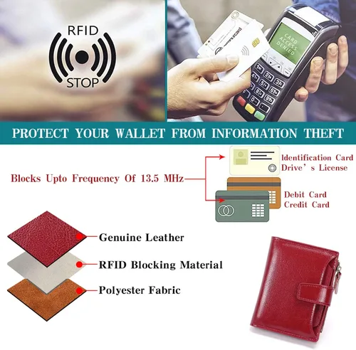Miniatura 6 de FALAN MULE - Cartera de cuero auténtico para mujer, pequeña, plegable y compacta, con bloqueo de interferencia de radiofrecuencia (RFID)