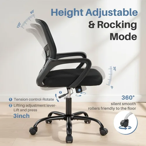 Miniatura 8 de DUMOS Silla de escritorio de oficina en casa, ergonómica con respaldo medio con soporte lumbar y modo mecedor, altura ajustable con reposabrazos