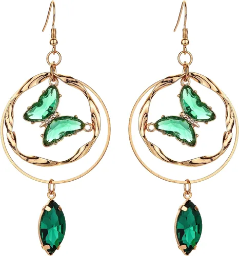 OUTVIE Aretes colgantes de cristal de mariposa de 14 quilates, hechos a mano, aretes de aro de aniversario, cumpleaños, mariposa, regalos para