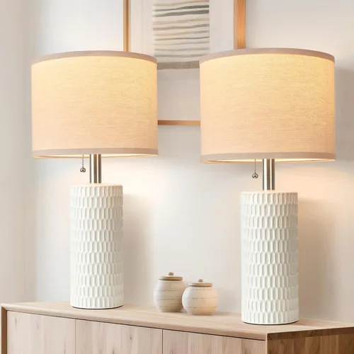 Reaketon Juego de 2 lámparas de mesa modernas de cerámica de 20.5" para dormitorio, lámparas de mesita para repisas nocturnas con pantalla beige,