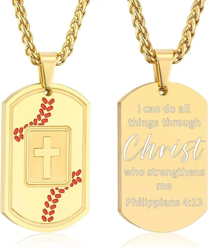 Miniatura 27 de Collar de cruz con versículo bíblico de béisbol, acero inoxidable, dije de cruz en tono negro/dorado/plateado, regalos religiosos, joyería deportiva