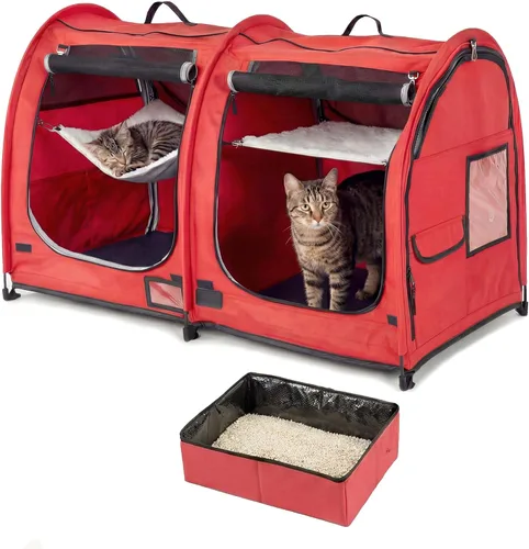 Miniatura 13 de Mispace - Jaula/Casa portátil para gatos con doble compartimento de exhibición, fácil de plegar y transportar, cómoda jaula de viaje para cachorros