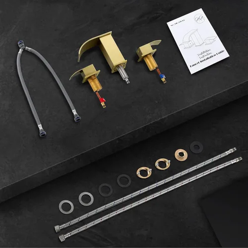 Miniatura 9 de Grifo de baño de cascada de oro cepillado de 8 pulgadas, grifos de baño para fregadero de 3 agujeros, grifo de lavabo de baño generalizado 2 asas