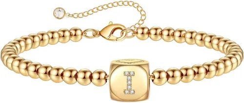 Pulseras con iniciales de oro para mujeres y niñas, chapados en oro de 14 quilates, pulsera de cuentas redondas con dije de dados cuadrados, pulsera