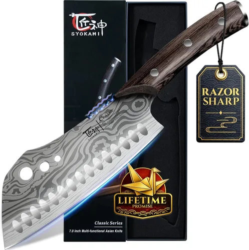 SYOKAMI Cuchillo de chef con extractor de hierbas, cuchillo de cocina asiático de 17,8 cm, 3 en 1 combinado con cuchillo de chef, santoku, nakiri