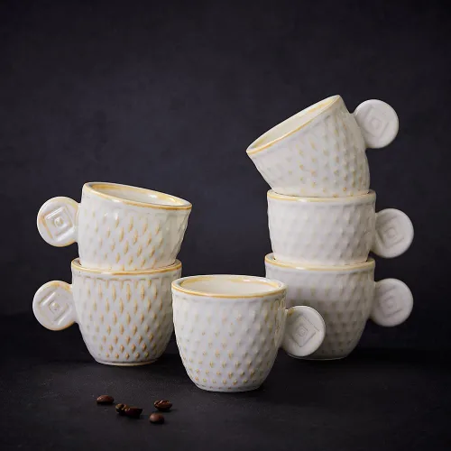 Miniatura 4 de Juego de 6 tazas de café espresso vintage, tazas Demitasse de 3 onzas, tazas de café espresso pequeñas de cerámica en relieve únicas en relieve Crema