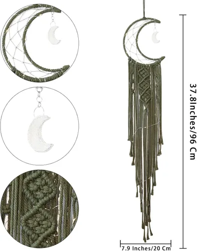 Miniatura 5 de Colgante de pared de macramé bohemio para niños, atrapasueños de media luna y estrella de crochet con borlas largas, decoración de algodón oliva