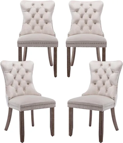 Miniatura 73 de Juego de 2 sillas de comedor de terciopelo, silla de comedor tapizada de alta gama con tirador de anillo en la espalda, adorno de clavos y patas