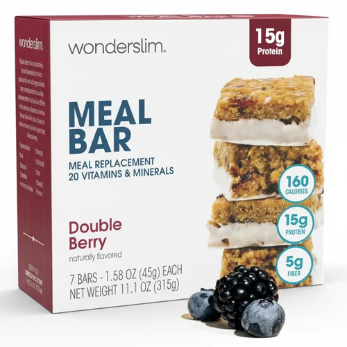 Miniatura 14 de Barra de proteínas WonderSlim para reemplazo de comida, Caramelo y Cacao, 15g de proteína, 20 vitaminas y minerales, sin gluten (7 unidades)