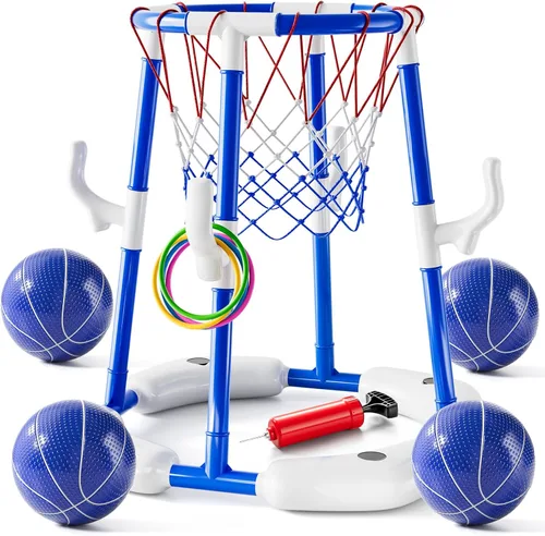 Aro y anillo de baloncesto de piscina 2 en 1 y juegos con 4 pelotas, 12 anillos y bomba, juguetes y juegos de piscina al aire libre de agua de