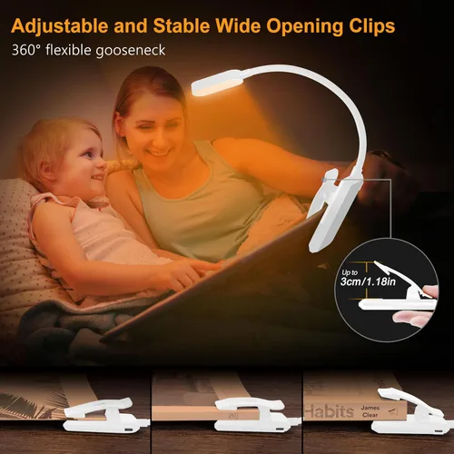 Miniatura 5 de Gritin Luz de libro recargable de 16 LED para leer en la cama, cuidado de los ojos, 3 temperaturas de color, brillo de atenuación continua, 80 horas
