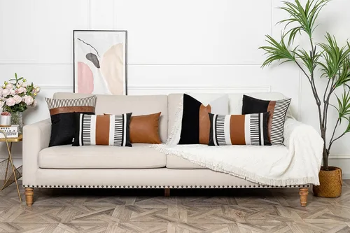 Miniatura 7 de Fundas de almohada lumbar a rayas bohemias de 12 x 20 pulgadas, funda de almohada de cuero moderna para sofá, decoración del hogar rural, color Negro