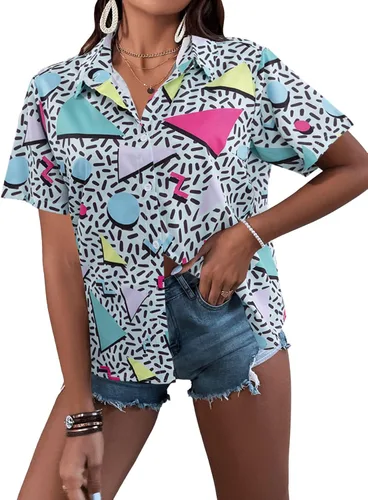 Miniatura 4 de Trajes de los años 80 y 90 para mujer, camisa de discoteca retro para fiesta temática de los años 80, camisa hawaiana de neón con botones y manga