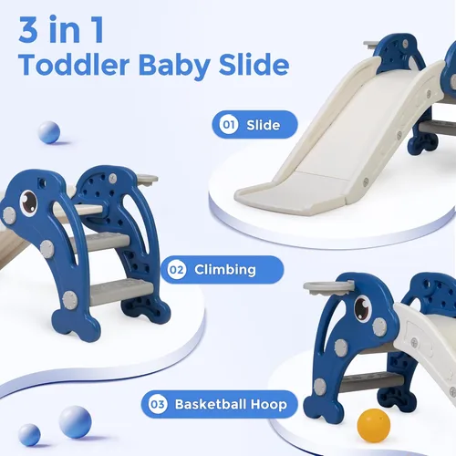 Miniatura 3 de NYEEKOY Juego de tobogán 3 en 1 para niños pequeños, tobogán para bebé con aro de baloncesto y pelota, patio de juegos para interiores y exteriores