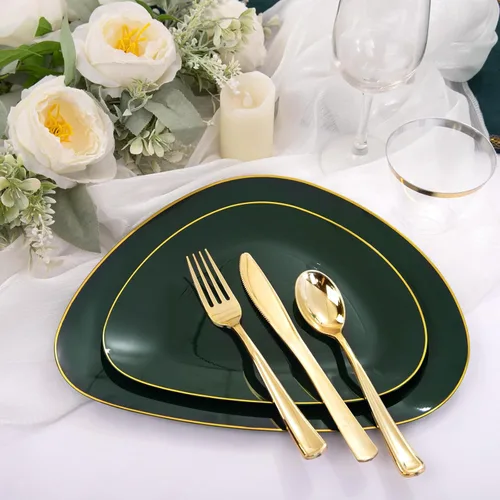 Miniatura 3 de DaYammi 180 platos de plástico verde, platos desechables de oro verde con cubiertos dorados que incluye: 30 platos llanos, 30 platos de postre, 90