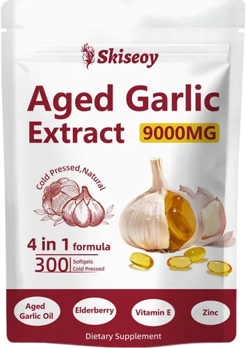 Extracto de ajo añejo: 2 años de suplementos de ajo fermentado 4 en 1 sin olor con saúco, vitamina E y zinc para apoyo cardíaco e inmunológico,