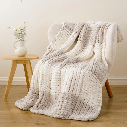 Battilo - Manta de punto grueso de cachemira beige y crema, manta suave y gruesa de chenilla, manta de crochet de punto trenzado hecha a mano,