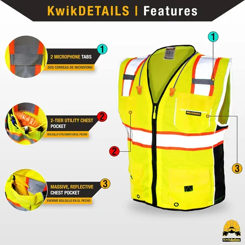 Miniatura 4 de KwikSafety - Charlotte, NC - Chaleco de seguridad clásico y supremo [bolsillo gigante] Clase 2 Trabajo PPE ANSI probado OSHA Cumple con OSHA