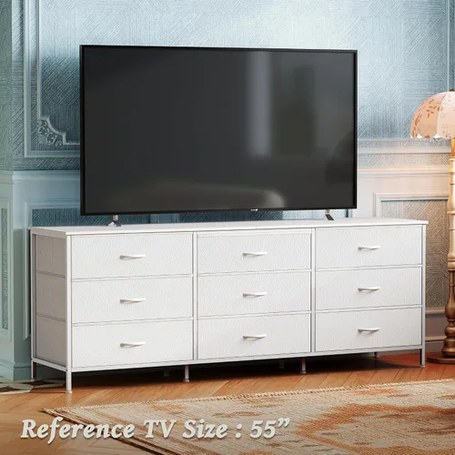 Miniatura 5 de Huuger Cómoda de 63 pulgadas para dormitorio, cómoda para armario con 9 cajones de tela, soporte de TV grande para TV de 55, 65, 70 pulgadas, centro
