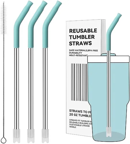 Miniatura 84 de Pajitas de metal rectas para vaso Stanley de 40 onzas, paquete de 3 popotes reutilizables de acero inoxidable con puntas de silicona y cepillo Gris