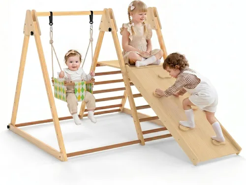 Miniatura 10 de OLAKIDS Gimnasio de la selva para interiores, 3 en 1 de madera plegable Montessori Juguetes de escalada para niños pequeños con escalera ajustable