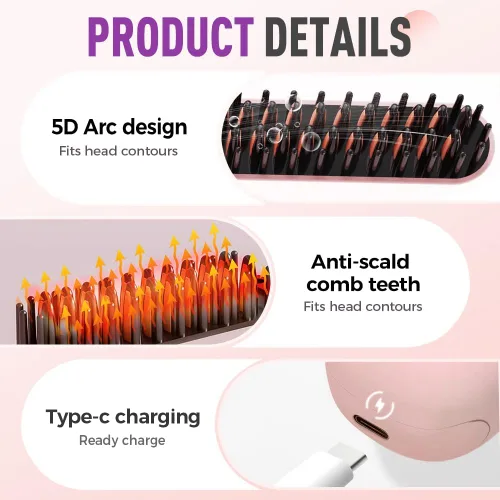 Miniatura 7 de Cepillo alisador de pelo inalámbrico, mini cepillo portátil para alisar el cabello con 3 ajustes de temperatura y pantalla LED, cepillo recargable