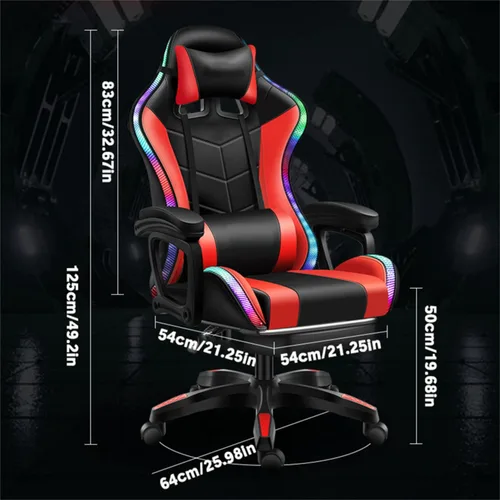 Miniatura 2 de Silla de juegos para adultos con reposapiés y masaje, silla de videojuegos con altavoces y luces LED RGB, piel sintética, sillas ergonómicas