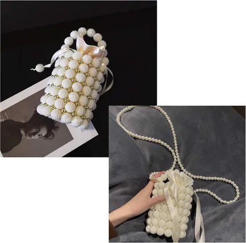 Miniatura 2 de YIFEI Bolsos hechos a mano con cuentas pequeñas perlas para mujer, con cadena desmontable, para fiesta de boda, Blanco