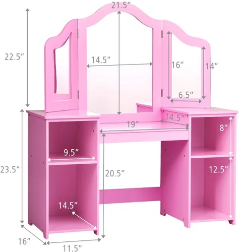 Miniatura 5 de MAT EXPERT Juego de mesa de tocador para niños con espejo de tres pliegues, tocador de juego de simulación con 4 estantes de almacenamiento, tocador