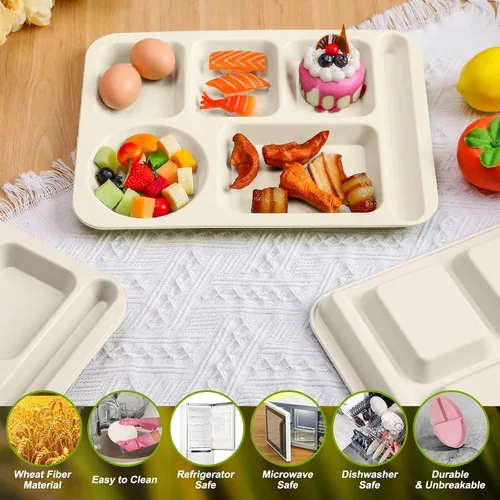 Miniatura 3 de Pinkunn 8 platos divididos irrompibles grandes de 14 pulgadas para niños y adultos, bandeja de paja de trigo apta para lavavajillas, microondas