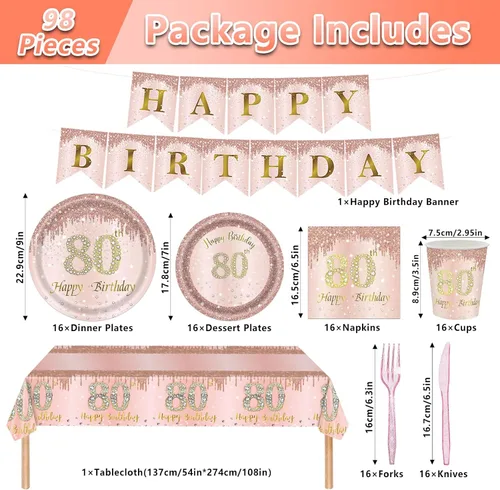 Miniatura 2 de 98 platos para fiesta de cumpleaños n.° 80, suministros para fiesta de cumpleaños de 80 años, decoraciones de fiesta de 80 cumpleaños para mujeres