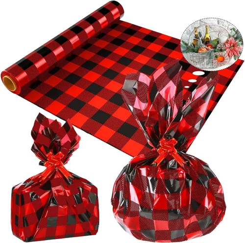 Teling Rollo de papel de celofán navideño de 100 pies de largo, 32 pulgadas de ancho, 3.1 mil de grosor, bolsas de regalo de plástico, cesta grande