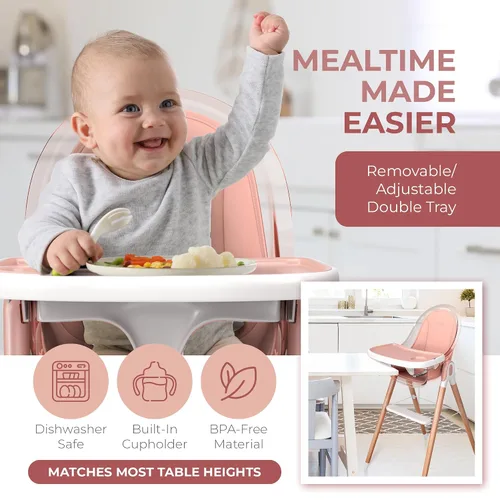 Miniatura 2 de Silla alta de madera de lujo 6 en 1 para bebés y niños pequeños, moderna, segura y compacta, fácil de limpiar, bandeja y cojín extraíbles, 6 Rosa